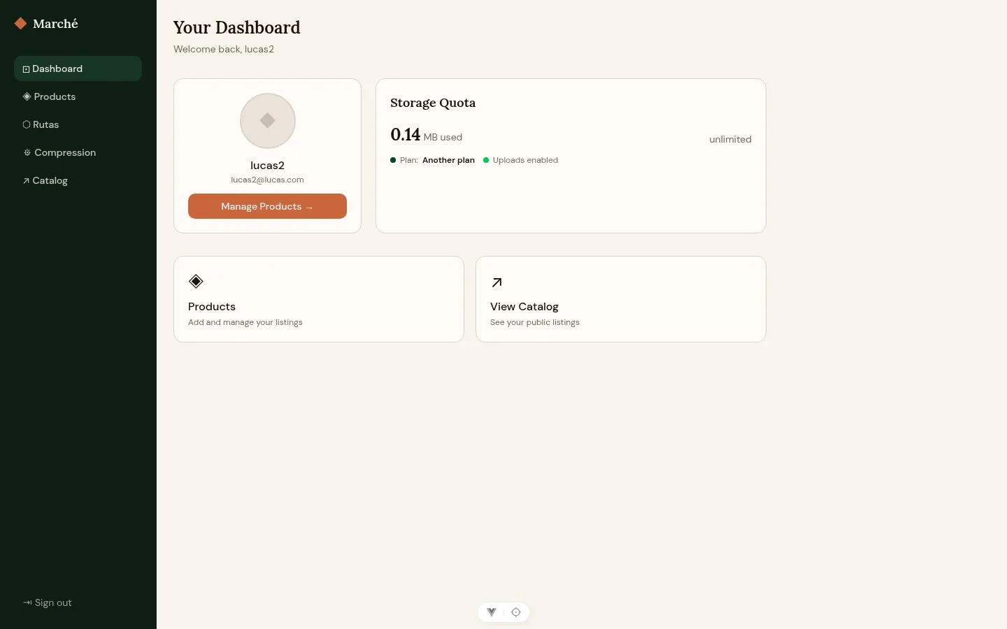 The demo Master dashboard — profile, storage quota, and the sidebar (Dashboard / Products / Rutas / Compression / Catalog).