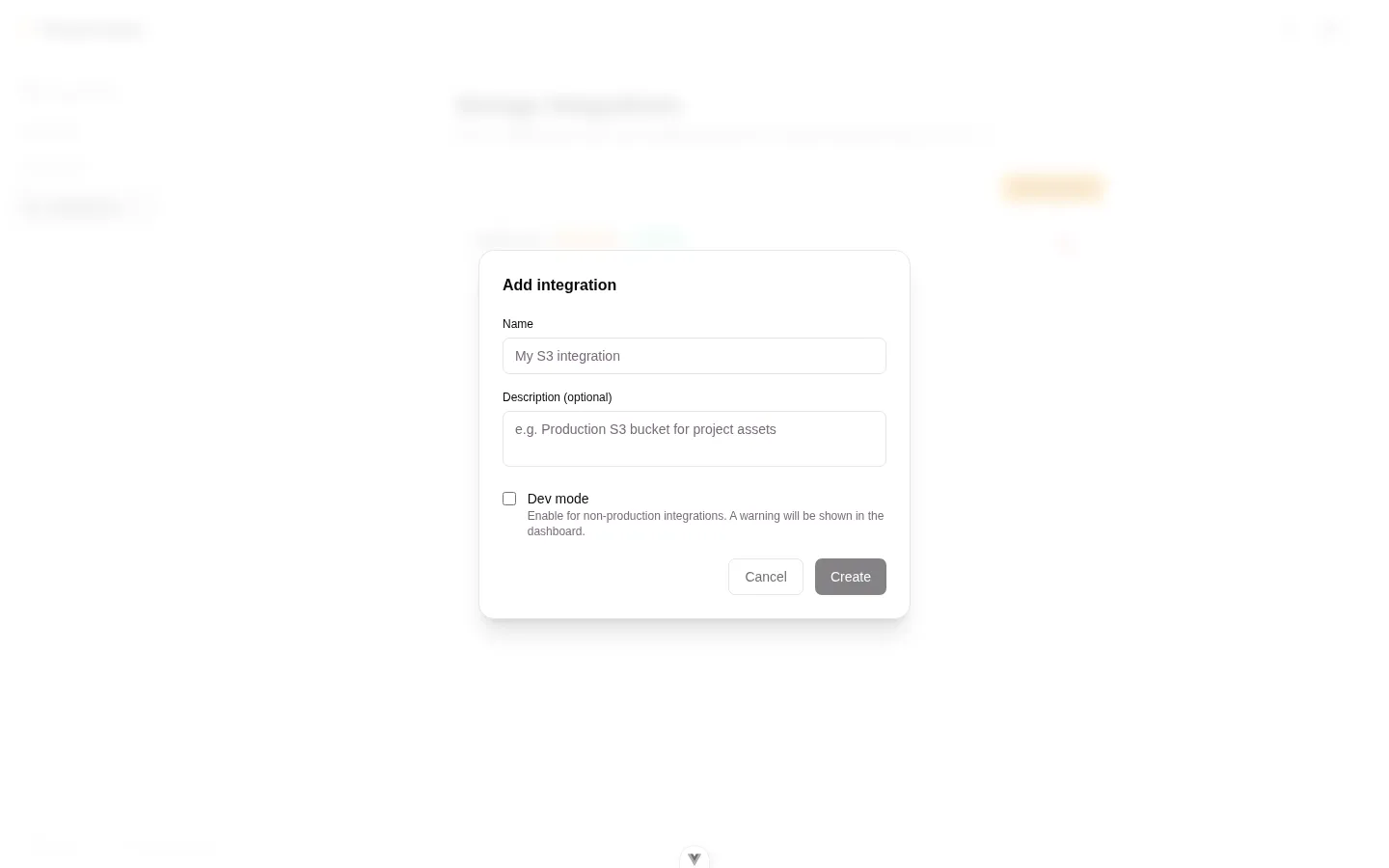 The portal “Add integration” form — name, description, and the dev-mode toggle.
