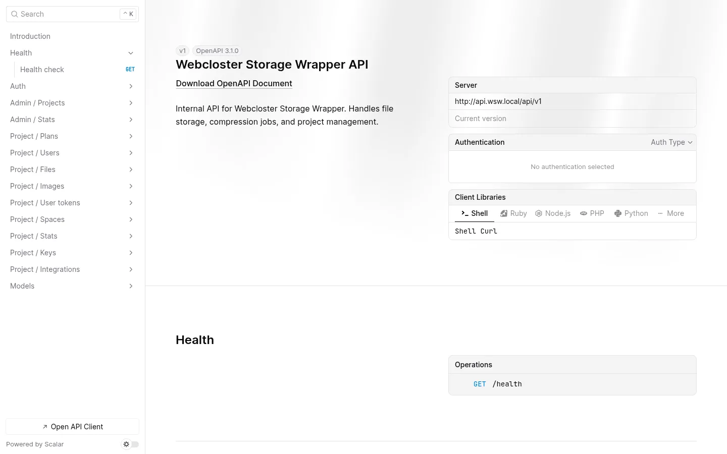 The Scalar UI rendering the live OpenAPI 3.1 spec at /api/v1/docs.